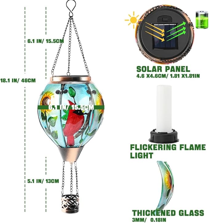 Hot Air Balloon Solar Lantern - Cardinal Bird Glass Lantern with Simulated Flickering Flame, Outdoor Hanging Yard Light Waterproof IP65 & Weather Resistant for Garden Patio Lawn Porch Decor Gfit