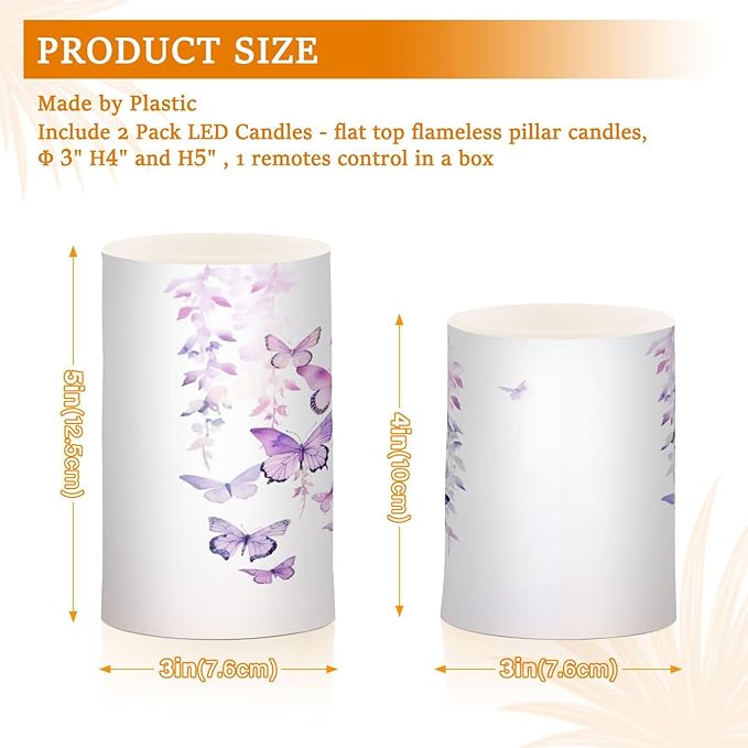 Flickering Flameless Candles, Butterflies Purple LED Candles with Remote Timer, Set of 2 Battery Operated Candle for Valentine Wedding Birthday