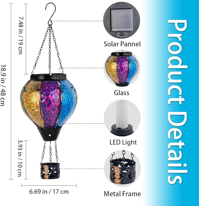 2PCS Solar Hot Air Balloon Lantern with Flame, Handmade Glass Hot Air Balloon Solar Lantern, Outdoor Lanterns Waterproof for Patio, Garden, Porch (Colorful)