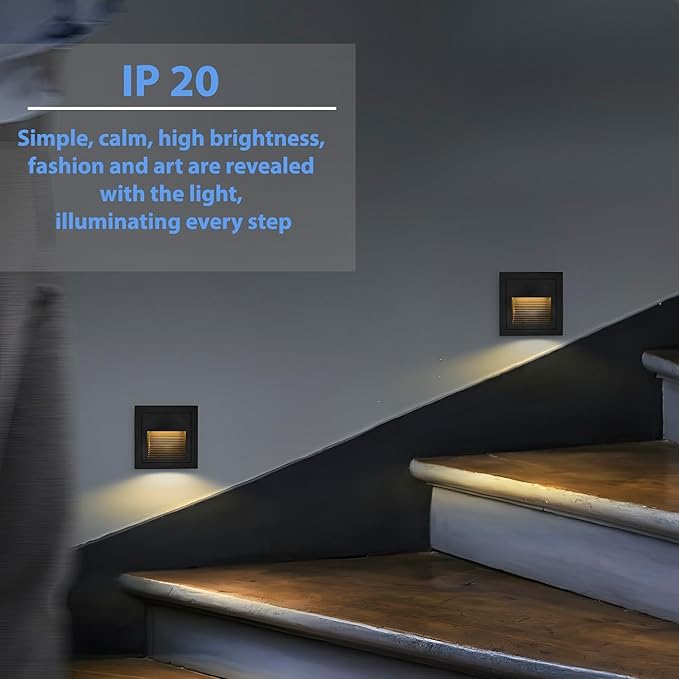 1pcs/3W Wall Recessed Stair Lights LED,Warm White,Indoor Step Light,Square Recessed Wall Light,Black Cover Staircase Light IP20 for Indoor Stairs, Home, Kitchen, Attic, Aisle