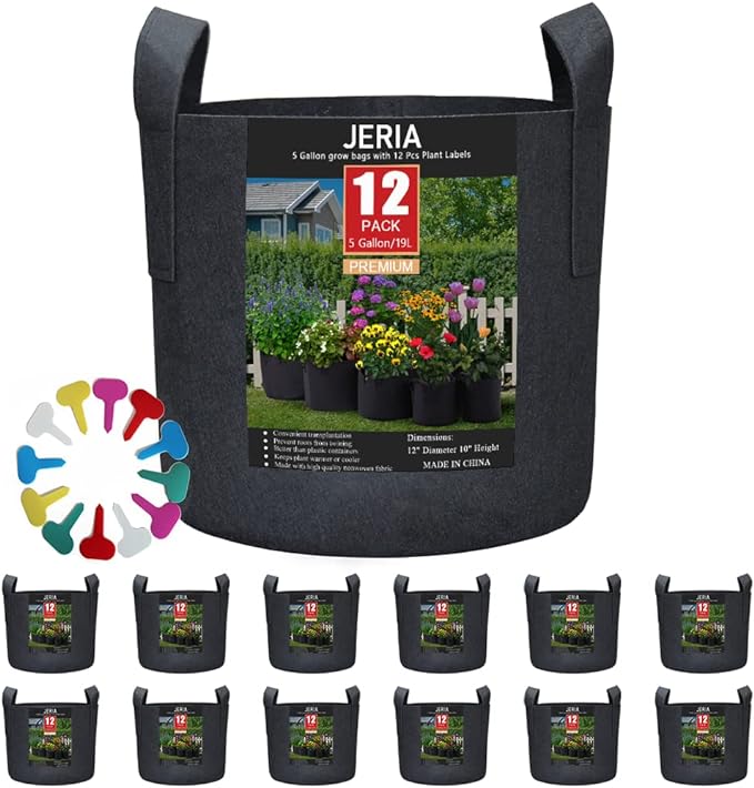 JERIA 12-Pack 5 Gallon, Vegetable/Flower/Plant Grow Bags, Aeration Fabric Pots with Handles (Black), Come with 12 Pcs Plant Labels