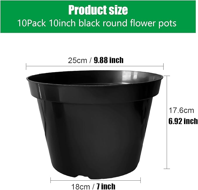 10 Inch Plastic Nursery Pots for Plants 10 Pack Plant Pots with Drainage Holes 2 Gallon Nursery Pots Perfect for Indoor Outdoor Plants Such as Herbs, Strwaberrys and Flowers, Black
