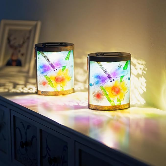 2 Pack Dragonfly Hanging Solar Lanterns Outdoor Waterproof Decorative Glass LED Solar Lantern for Tabletop Garden Patio Decor