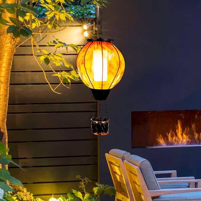2PCS Hot Air Balloon Solar Lanterns with Flickering Flame,Yellow Glass Hanging Solar Lanterns Outdoor Waterproof Hot Air Balloon Light for Patio Tree Yard Garden Decor,Garden Gift for Women