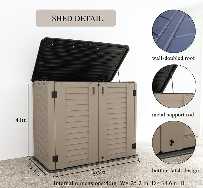 KINYING Outdoor Storage Shed - Horizontal Storage Cabinet Waterproof for Garden, Patio, Backyard, Storage Box for Easy Storage of Garbage Cans, Tools, Lawn Mower, 35 Cubic Feet,Dark Brown
