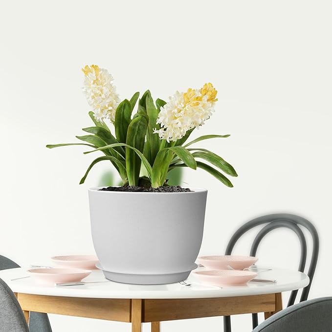 12 inch Large Plant Pots, Plastic Planters with Drainage Holes and Saucers, Flower Pots for Indoor Outdoor Plants, Modern Decorative Pots for Garden House Plants, White