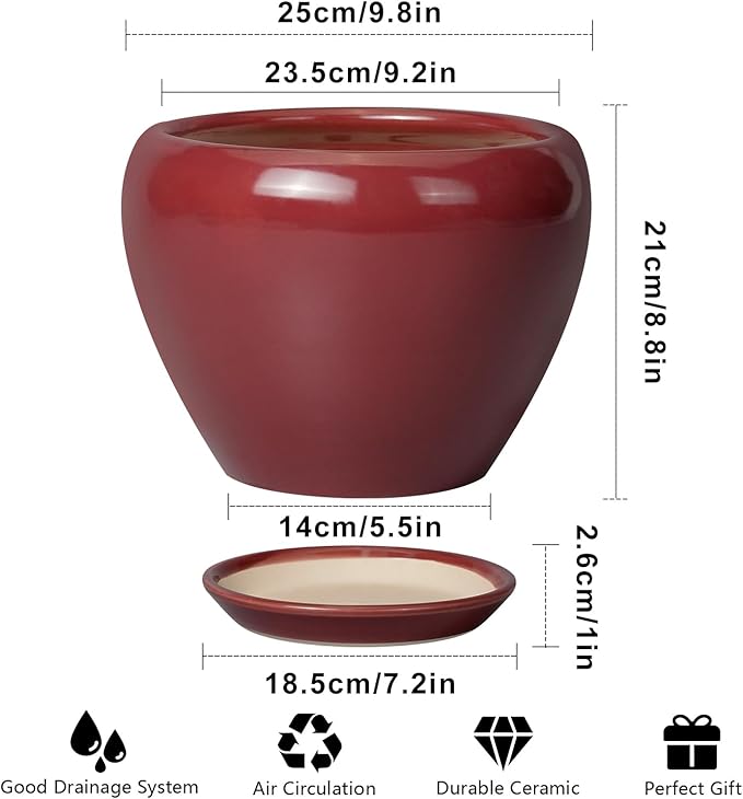 10 Inch Plant Pot - Ceramic Planter Pot with Drainage Hole and Saucer Large Planter for Indoor Plants Round Outdoor Flower Pot Mid-Century Decor Red