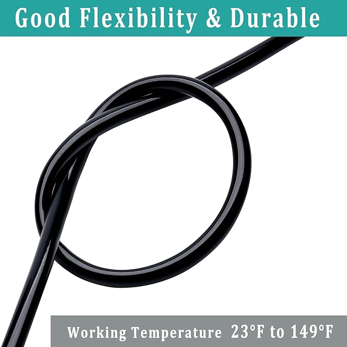1/4" id - 10ft Black Vinyl Tubing Flexible PVC Tube Hybrid Hose Transfer Water Fuel Gas for Pond Fountain Garden Waterfall, Durable and Safe, with 2 Hose Clamps
