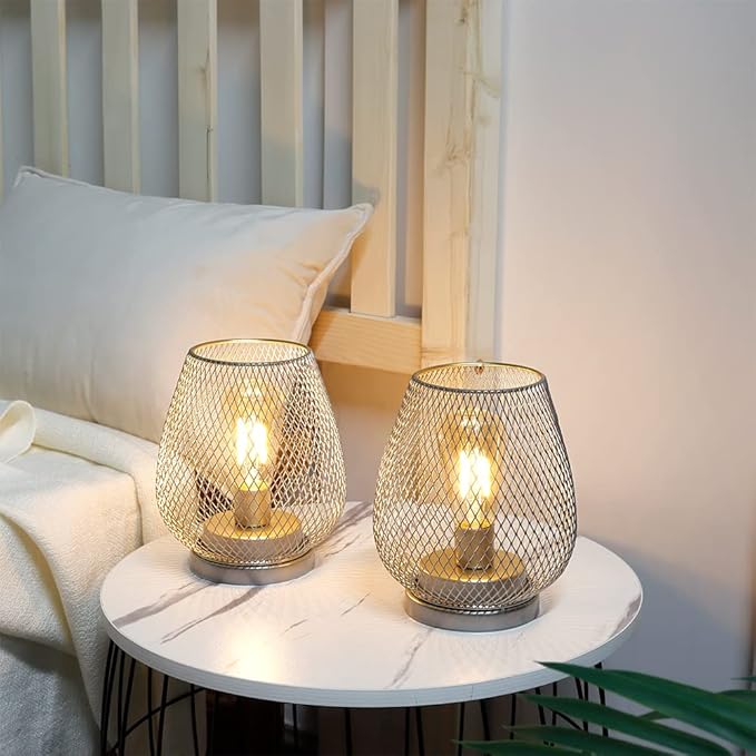 JHY DESIGN Set of 2 Metal Cage LED Lantern Battery Powered Cordless Accent Light with LED Great for Weddings Parties Patio Events for Indoors Outdoors(Silver)