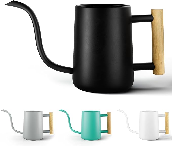 35 Ounce Metal Small Indoor Watering Can with Long Spout & Real Wood Handle for House Plants, Succulents, Cacti & Seedlings - Black Long Spout Watering Can Indoor Plants - Gentle Flow & No Spills