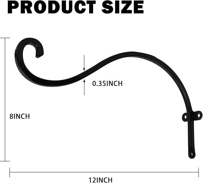 Hourleey 2 Pack Plant Hanger Outdoor, 12 Inch Heavy-Duty Hanging Plant Hook for Outside Basket, Black Metal Wall Mount Plant Bracket Hook for Flower Baskets Bird Feeder