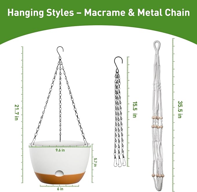 10 Inch Hanging Planters for Indoor & Outdoor Use (2 Pack) - Self-Watering & Drainage Flower Pots with Chain & Macrame Hangers (White, 10 in)