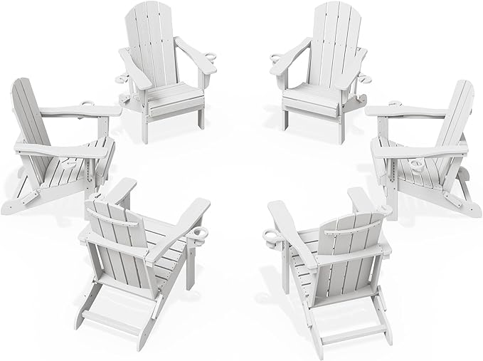 KINGYES Folding Adirondack Chair Set of 6, Dual Cup Holders & All-Weather HDPE, Wood-Like Patio Chair for Backyard, Camping, Pool & Fire Pit, White