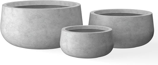 Kante 19.6",15.7",11.8" Dia Round Concrete Planters Set of 3, Outdoor Indoor Garden Plant Pots with Drainage Hole and Rubber Plug, Modern Curvaceous Design, Natural Concrete