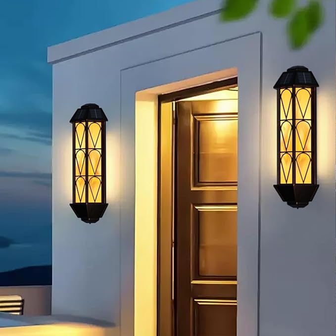 KINGLEAD Flickering Flame Solar Wall Lights Outdoor Waterproof, Light Sensor Outdoor Wall Lights with 2 Lighting Mode, Vintage Solar Wall Lights for House Garden Porch Backyard Patio, 2 Pack
