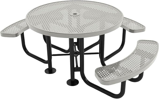 Heavy-Duty Portable Outdoor Picnic Table with Umbrella Hole, Punched Steel Patio Dining Furniture Made in America (46" Round Top, Grey)