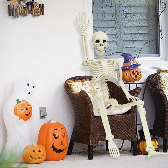 CAMIRUS 2PACK Plastic Posable Halloween Skeleton Decorations, 3FT Poseable Skeleton Full Body with Movable Joints for Halloween Indoor/Outdoor Haunted Houses, Lawn, Graveyard Decor