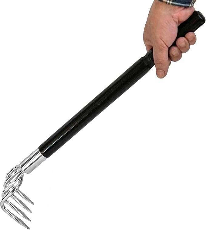 Japanese Garden Rake Cultivator Long Handle 19" Heavy Duty Japanese Steel 4 Claw Wood Handle, Made in Japan, Hand Cultivator Tool for Digging, Weeding, Cultivating, Silver