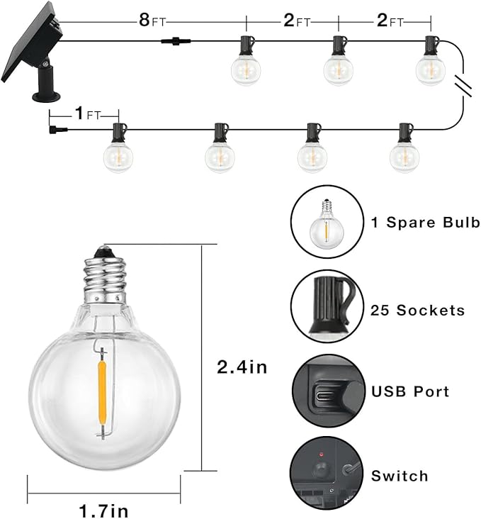 DAYBETTER 50FT Solar String Lights Outdoor Waterproof with 5W Panel Long Last for 20+Hrs&Remote,25 LED Bulbs Dimmable&Timer,Patio Lights 3 Installation-Clips,Stakes&Nails for Outside Porch Garden