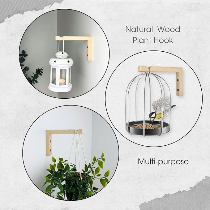 2-Piece Set of Plant Hooks for Wall 6 Inch - L-Shaped Mounted Wooden Plant Hook - Indoor and Outdoor Bracket Plant Hanger for Planters, Lanterns, Bird Feeders and Plant Basket (Natural)