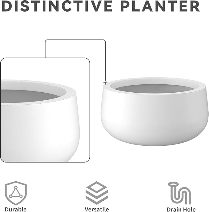 Kante 19.6",15.7",11.8" Dia Round Concrete Planters Set of 3, Outdoor Indoor Garden Plant Pots with Drainage Hole and Rubber Plug, Modern Curvaceous Design, Pure White