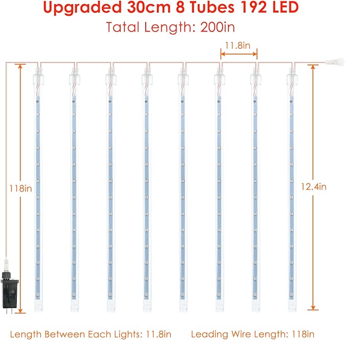 2-Pack Meteor Shower Lights Outdoor Waterproof, Rain Drop Christmas Lights Total 384 LED 30cm 16 Tubes Snow Cascading String Lights Plug in for Xmas Tree Wedding Party Garden Décor (Red and White)