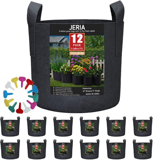 JERIA 12-Pack 3 Gallon, Vegetable/Flower/Plant Grow Bags, Aeration Fabric Pots with Handles (Black), Come with 12 Pcs Plant Labels