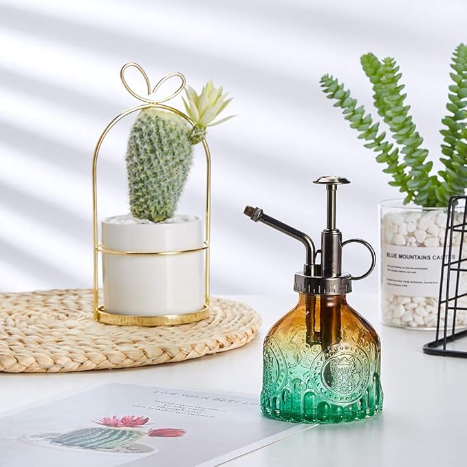 Glass Vintage Plant Spritzer Spray Bottle, Succulent Watering Bottle with Top Pump, Small Plant Sprayer Mister Watering Can for Indoor Outdoor House Plant - Green Brown Gradient