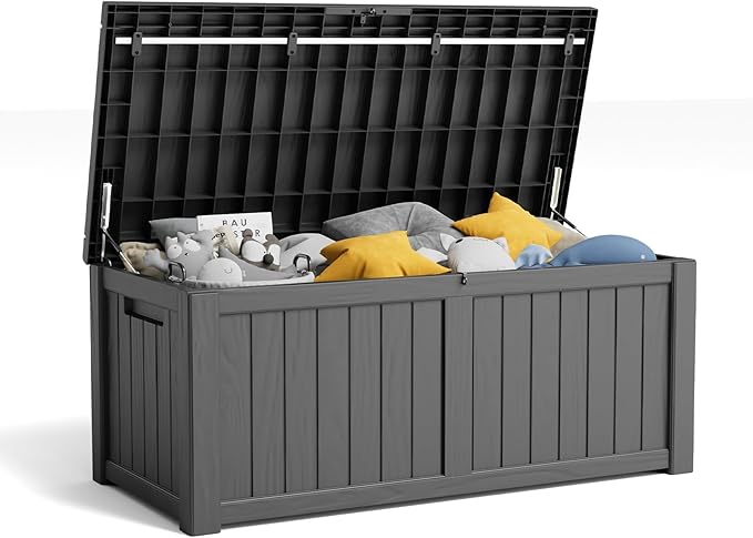 120 Gallon Resin Deck Box, Lockable Patio Outdoor Storage Box for Furniture, Garden Tools and Tools Storage, Waterproof Outside Storage Boxes - Black