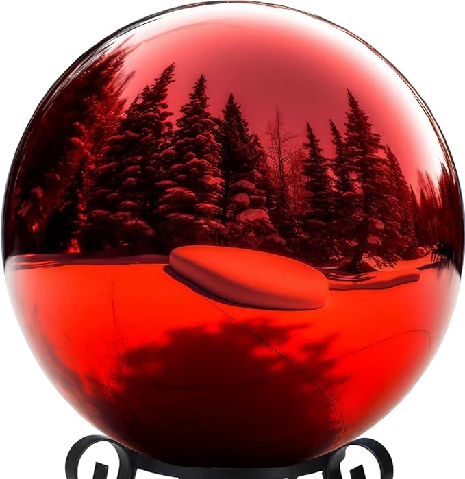 10 Inch Stainless Steel Gazing Globe,v2croft Hollow Ball Mirrored Surface Polished Shiny Sphere,Garden Stainless Steel Gazing Ball for Outdoor Lawn Pond Yard Ornament(red)