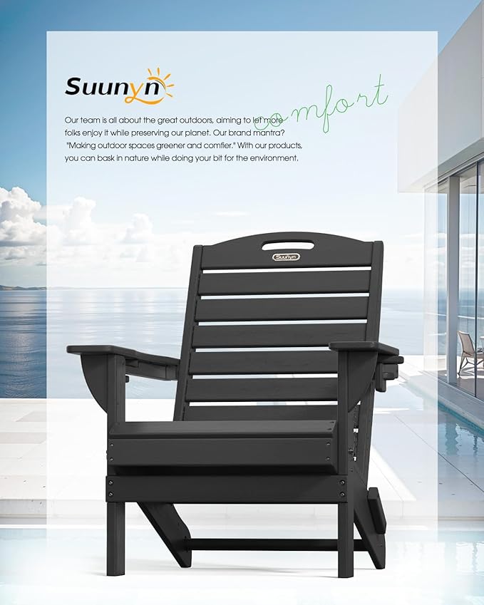 Adirondack Chairs Set of 4, Outdoor Fire Pit Chairs, HDPE All-Weather Adirondack Chairs with Cup Holder, Lawn Chair for Deck, Patio, Garden (Black)