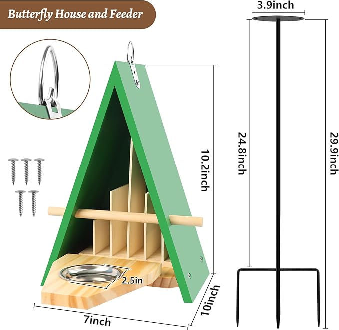 2025 New Butterfly House and Feeder for Outside, Wooden Butterfly House with Metal Stake for Garden, Natural Butterfly Habitat with Butterfly Puddler on The Floor or Hanging on Tree Wall