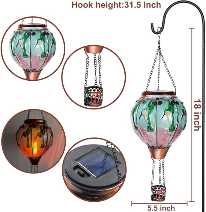 2PCS Solar Hot Air Balloon Lanterns with Flame Glass Hot Air Balloon Lights with 2PCS Shepherd's Hooks Waterproof Hanging Outdoor Solar Lantern for Yard Patio Christmas Decor (Hummingbird)