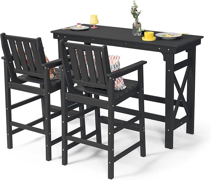 3 Pieces HDPE Outdoor Bar Table and Chairs Set, Tall Adirondack Chairs Set of 2 with Rectangular Bar Table, Patio Bar Stools Set, HDPE Outdoor Patio Bar Set for Balcony, Porch, Deck, Obsidian