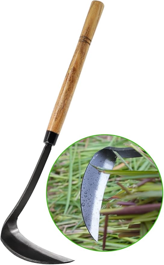 Japanese Weeding Sickle Hoe, 17" Gardening Hand Weeder Nejiri Kama Blade Tool Digging and Cutting Weed Remover, High-Carbon Steel One-Piece Molding with Hard Wood Handle, Very Sharp Edge Quick Work