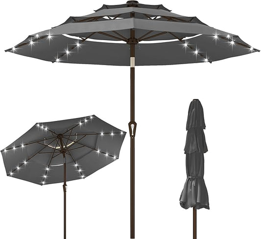 Kingdura 10ft 3-Tier Patio Umbrella with Solar Lights, Table Umbrella Outdoor Patio with Easy Crank & Tilt, 8 Sturdy Ribs, UV Protection, 32 LED Lights for Deck, Poolside, Market (Grey)