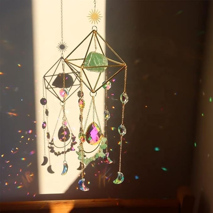 Crystal Suncatchers for Windows, Green Fluorite Gemstone Sun Catcher Hanging, Spiritual, Rainbow Maker, Crystal Boho Decor Indoor Outdoor, Natural Stone (Green Fluorite)