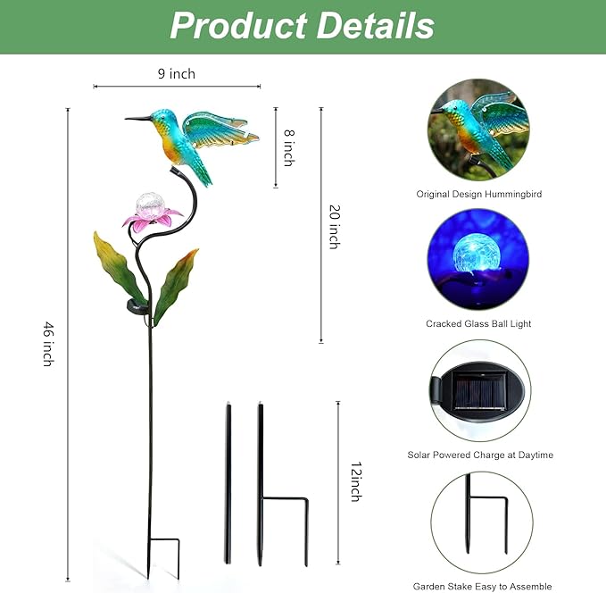 HONGLAND Outdoor Solar Lights for Garden Decor - 46 Inch Hummingbird Solar Lights for Outside, Solar Hummingbird Decorative Garden Stakes for Lawn Patio Yard