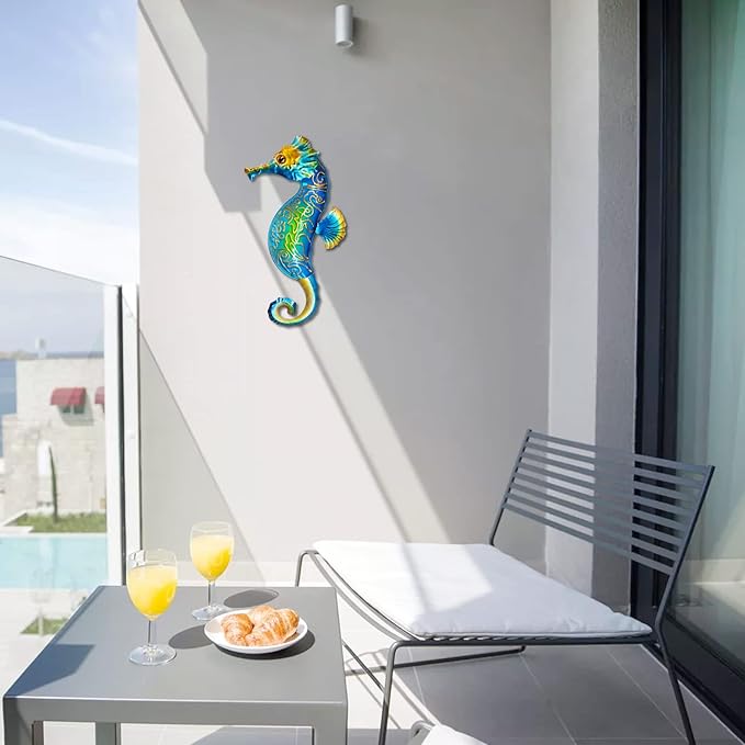 John's Studio Seahorse Sea Wall Decor Outdoor Metal Garden Hanging Art Glass Sculptures Home Ocean Theme Decorations for Kitchen Bathroom and Pool