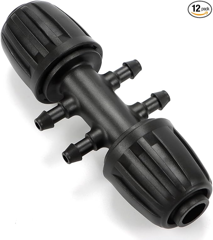 12 Pcs 1/2 inch to 1/4 inch Drip Irrigation Tubing Fittings, 1/2" Drip Tubing (1/2" ID x 0.65" OD) to 4 Way 1/4" Irrigation Tubing Locked Barbed Reducing Tee Connectors for Garden Systems