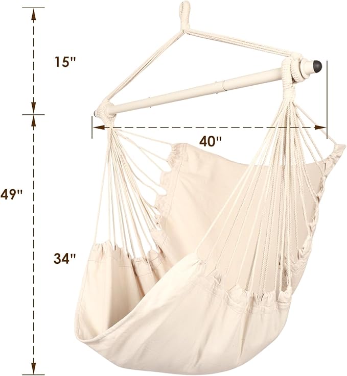 Highwild Hanging Rope Hammock Chair Swing Seat for Any Indoor or Outdoor Spaces - 500 lbs Weight Capacity (Beige)
