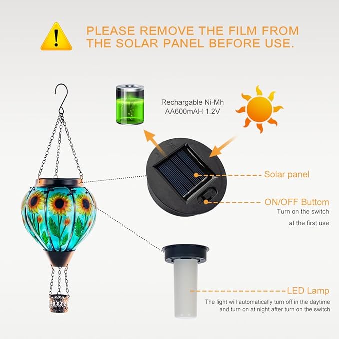 Starsoul Sunflower Hot Air Balloon Solar Lantern - Glass Outdoor Flickering Flame Light, Waterproof Hanging Lamp for Garden, Patio, Yard, Party Decor