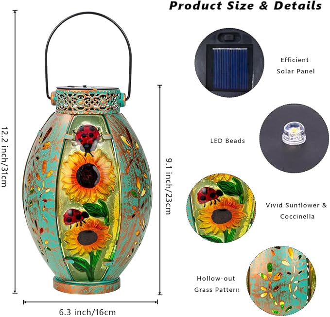 2 Pack Sunflower Solar Lantern,Retro Solar Lanterns Outdoor Waterproof,Stained Glass & Metal Hanging Solar Lantern,LED Tabletop Lamp Solar Lights,Sunflower Outdoor Solar Lanterns for Pathway