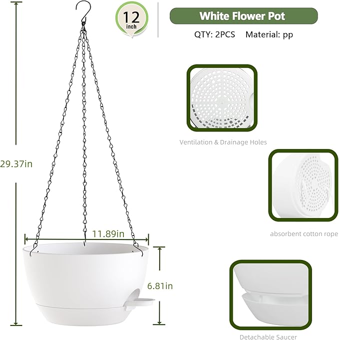 12 Inch Hanging Baskets 2 PC with Chains, Self-Watering Hanging Planters for Indoor Outdoor Plants, Plastic Hanging Flower Pots,White