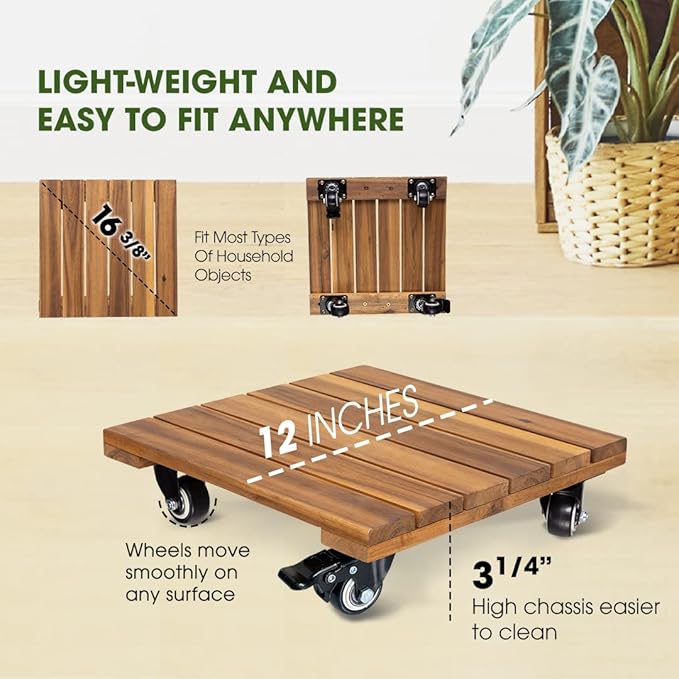 Idzo 2-Pack 12 Inch Acacia Wood Rolling Square Plant Caddy for Plant Pots, Heavy Duty Plant Stand with 360° Lockable Wheels, 264 lbs Capacity Caddy for Indoor and Outdoor Use, Natural Wood