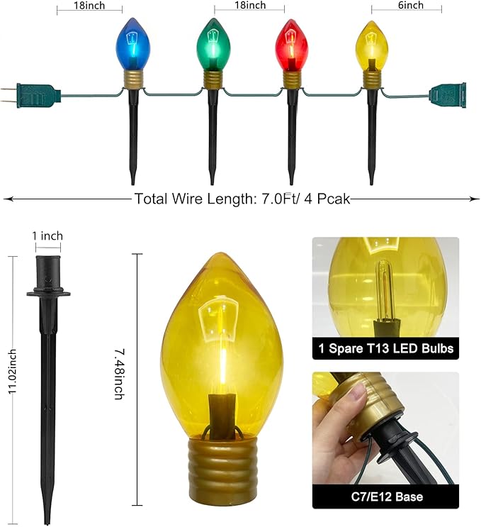 Jumbo C9 Christmas Pathway Lights Outdoor, 2 Pack 7Ft Christmas Decorations Lights with 8 LED Jumbo Multicolor Bulb and Pathway Marker Stakes Lights for Outdoor Christmas Walkway Lawn Yard Garden