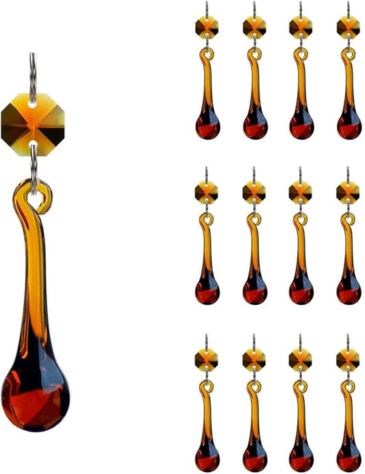 12pcs Raindrop Crystal Chandelier Parts, 53mm Hanging Crystals Glass Beads for Window, Curtain Decoration (Amber)