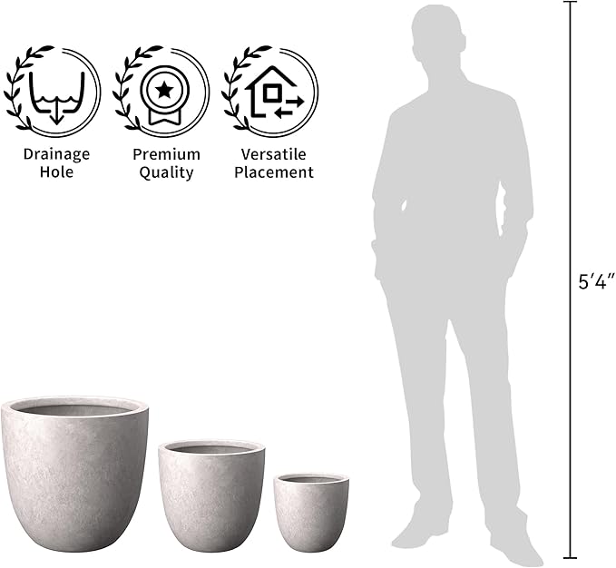 Kante 18 Inch Dia Round Concrete Planter, Indoor Outdoor Large Plant Pot with Drainage Hole and Rubber Plug for Home Patio Garden, Light Gray