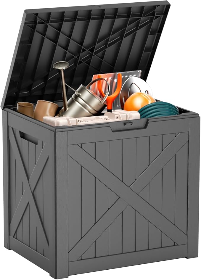38 Gallon Outdoor Deck Box,Storage Lockable Waterproof Patio Furniture,Garden Tools,Cushions,Pool Accessories Outside Storage Resin Box(BlackX)