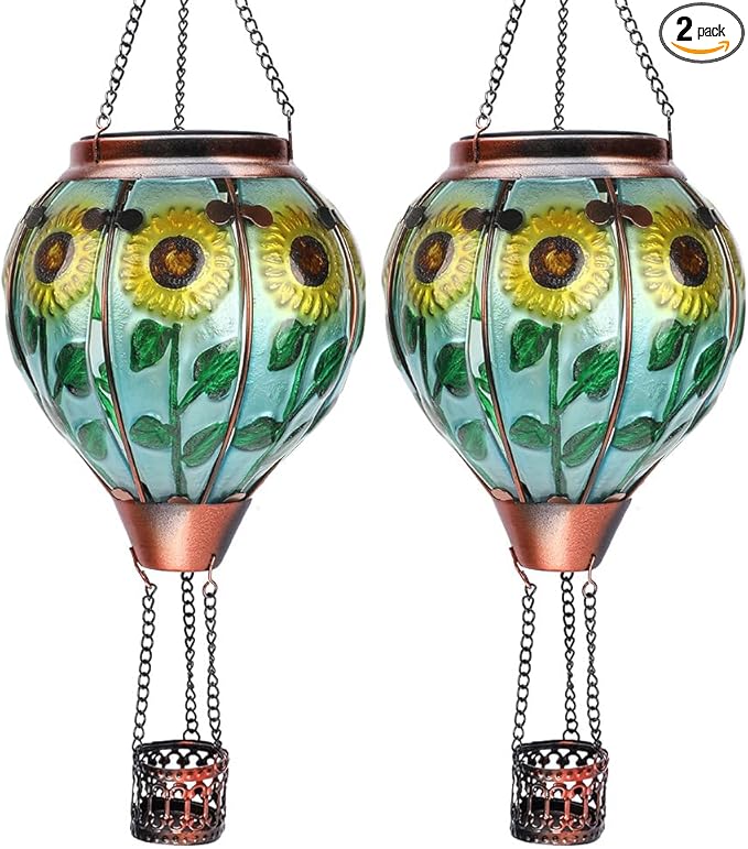 2PC Hot Air Balloon Solar Lantern with 2PC Shepherd Hook, Flickering Flame Hanging Solar Lanterns Outdoor Lights Waterproof Lanterns Decorative Garden Patio Yard Party Decor (Sunflower)